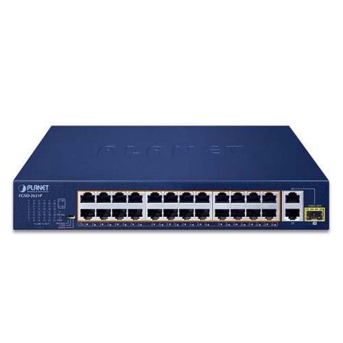 FGSD-2621P - 24-Port 10/100TX 802.3at PoE + 2-Port 10/100/1000T + 1-Port Shared 1000X SFP